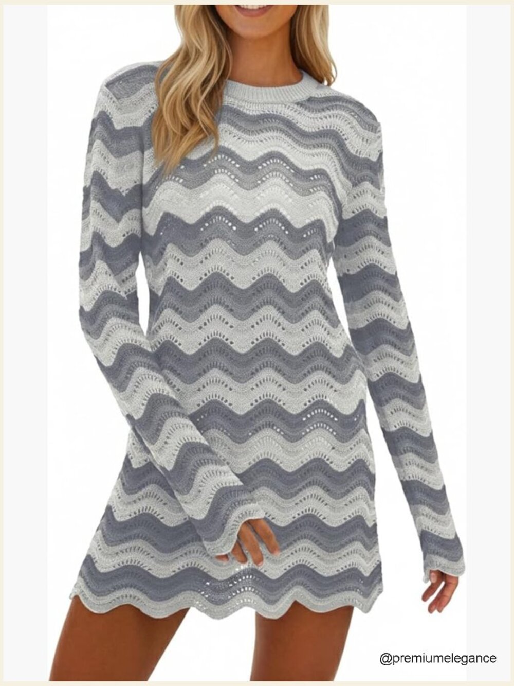 Crochet Colorful Mesh Long Sleeve Beach Cover Up Mini Dress
